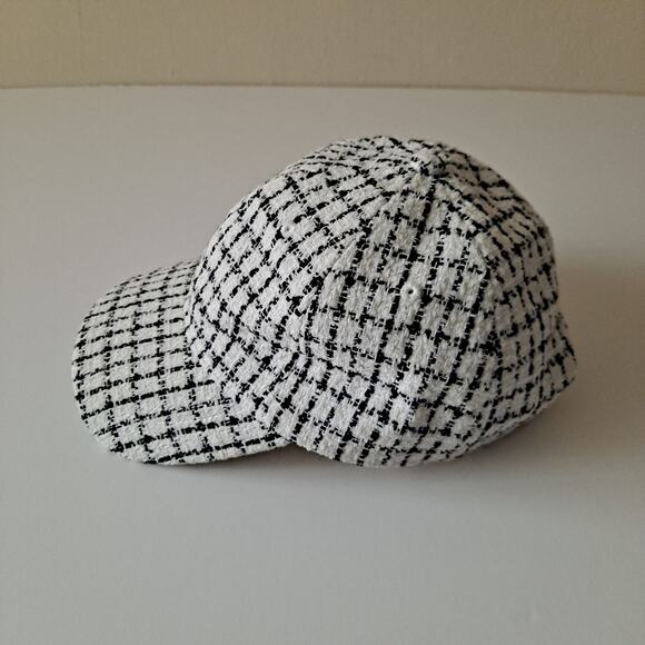 NWT J. Crew Tweed Plaid Baseball Cap Adjustable Hat Black White Women\'s One Size